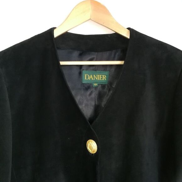 Vintage 80s Black Suede Leather Blazer & Knee Length Skirt 2 Piece Skirt Suit M - Picture 2 of 16